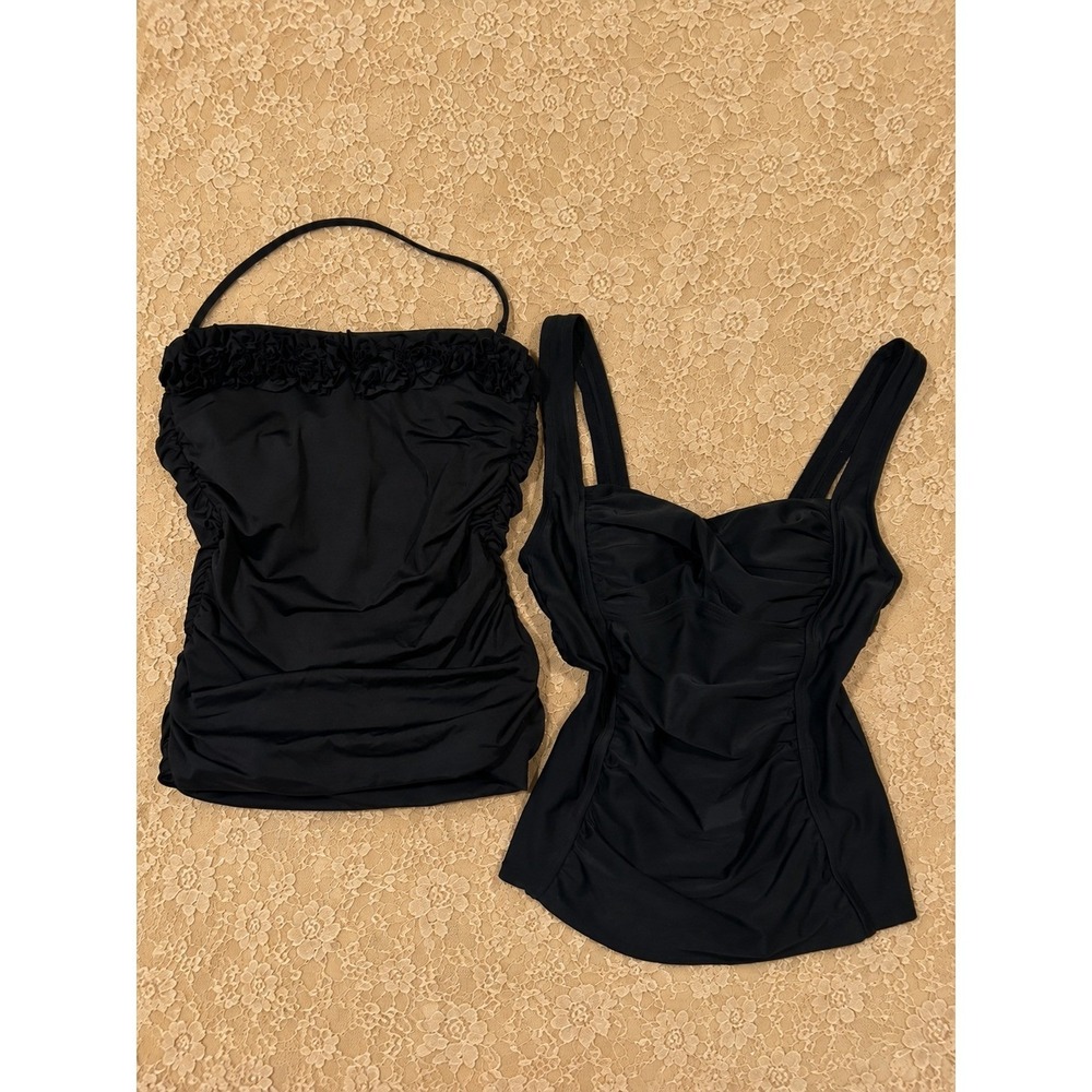 Y2K Black Tankini Swim Tops M Ruched Ruffle 2000s Beach Vacation Minimalist